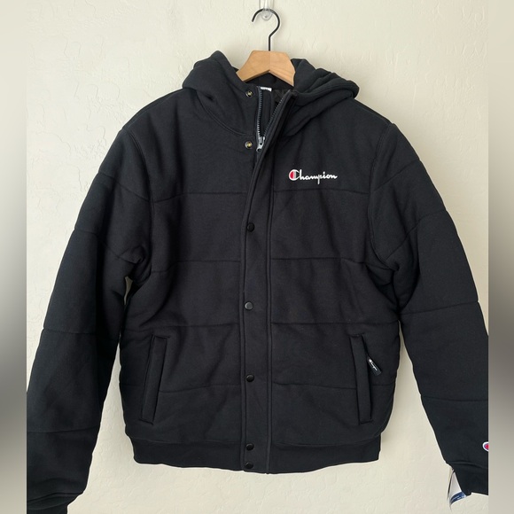 Champion Hooded Reverse Weave heavy weight puffer Jacket Black XL NWT - Picture 6 of 15